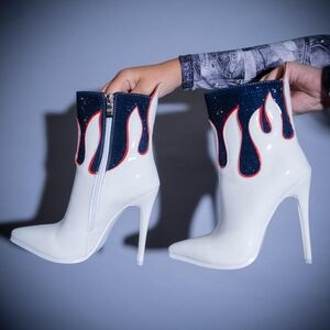 Stylish White and Blue Flame Ankle Boots